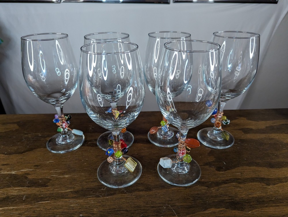 Elegant Libby Clear Wine Glasses with Wire and Art Glass Baubles Stem Set of 6