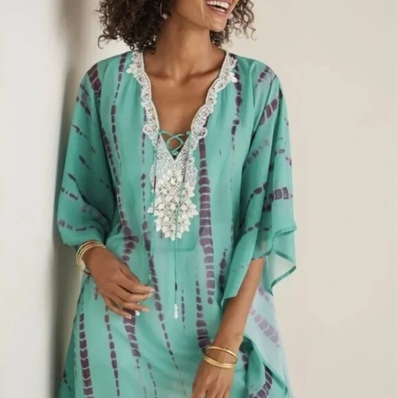 Soft Surroundings Womens XL 18 Galene Chiffon Beaded Tie Dye Tunic New With Tags