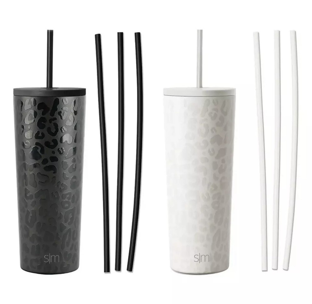 Simple Modern 2 Pack 24oz Stainless Steel Tumblers, 6 Bonus Straws Leopard White