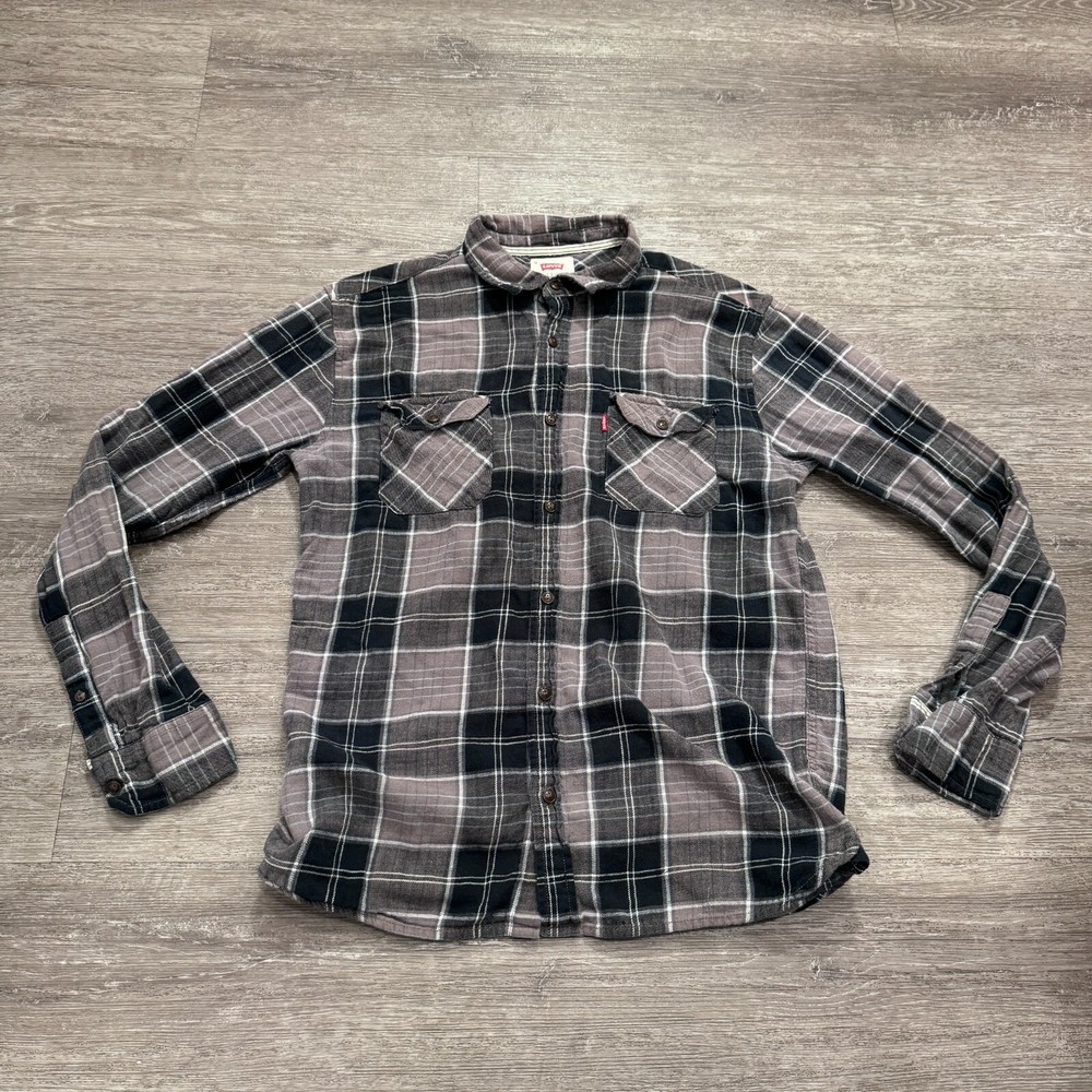 Levis Shirt Mens Medium Gray Plaid Flannel Button Up Western Cowboy Country