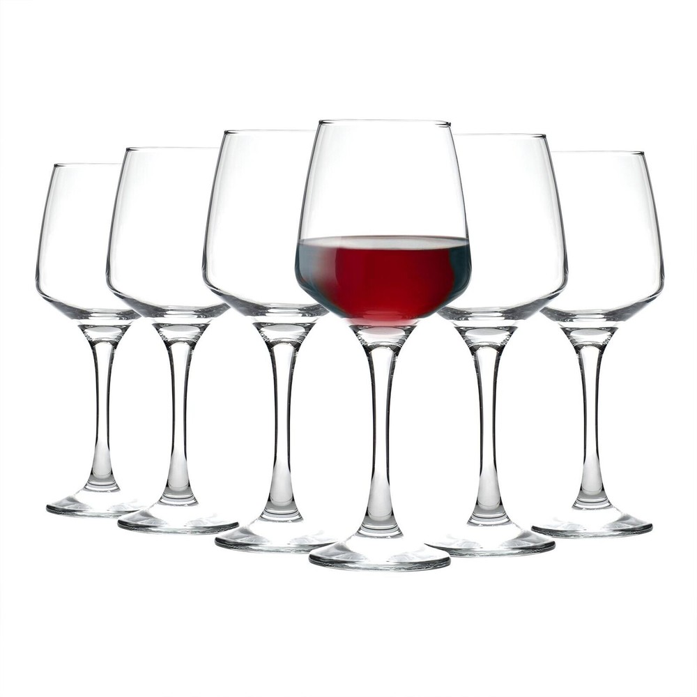 6x Red Wine Glasses Large Glass White Rose Long Stem Party Set 385ml