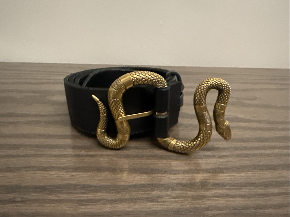 Gucci Black Leather Belt with Brass Snake Buckle 90cm