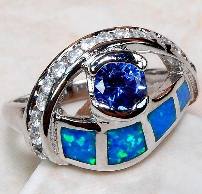 1CT Treated Sapphire & Australian Opal Inlay 925 Sterling Silver Ring Sz 8 BA4