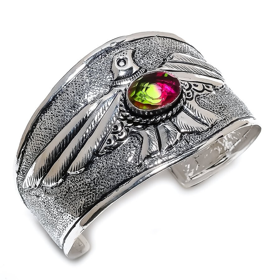 Eagle Bi-Color Tourmaline Adjustable Handmade Gemstone Bangle Cuff KC-107