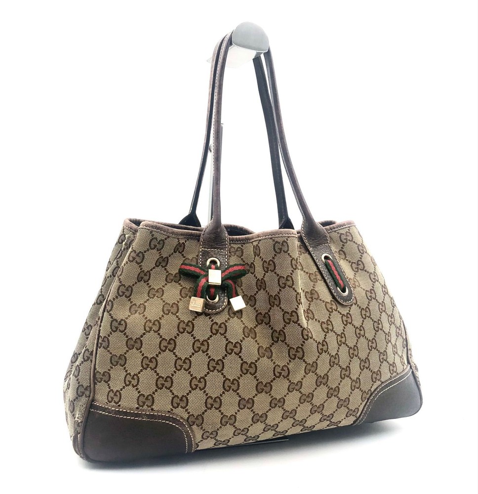 GUCCI Tote Bag Brown Sherry Line Ribbon GG Canvas Leather Used From JAPAN