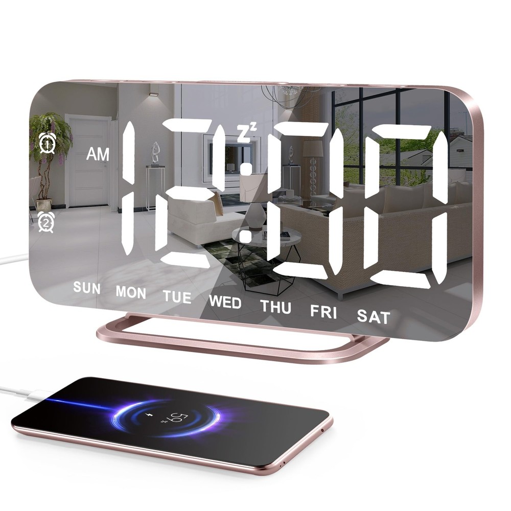 Slim LED Mirror Digital Alarm Clock with Dimming & Large Display for Makeup