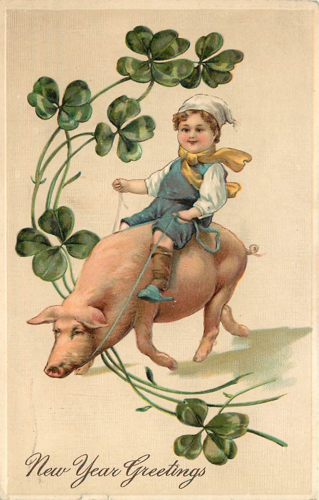 Embossed New Years Postcard Boy Rides Pig PFB 11096 Clovers-image