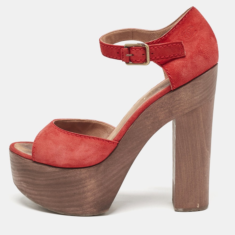 Chanel Red Suede Wood Heel Platform Ankle Strap Sandals Size 38