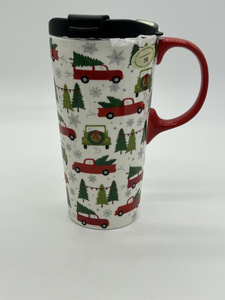 CYPRESS Christmas Farmhouse Ceramic Travel Mug w/ Lid - 17oz NEW