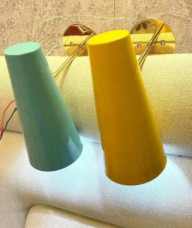 2 Modern Mid-Century Brass Wall Sconces - Polished Light Fixture Set