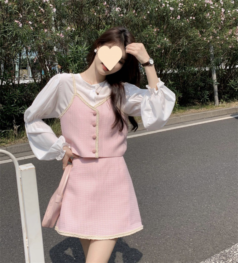 Women's Set Versatile Plaid Suspender Tank Top Half Skirt Bubble Sleeve Shirt