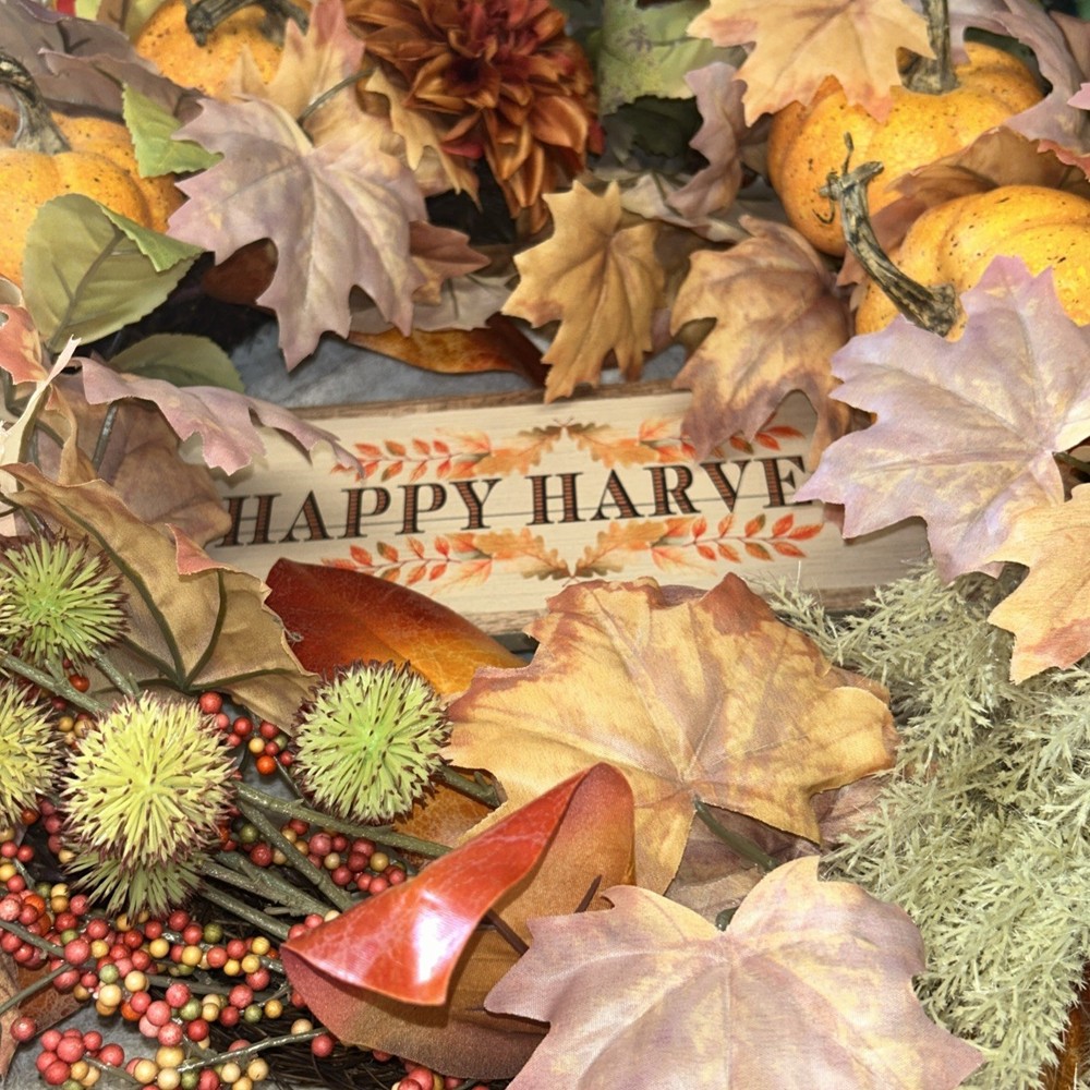 Happy Harvest Fall Wreath 2022 pacific global pumpkins leaves floral sprigs