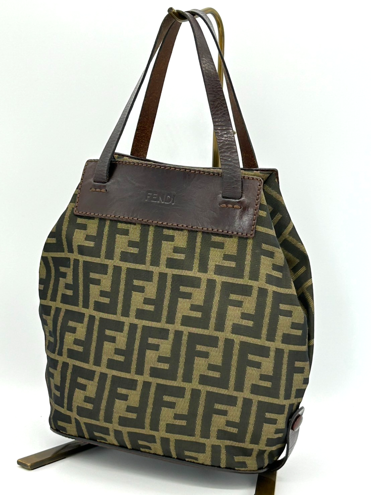 FENDI Vintage Zucca Nylon Leather Brown Tote Bag Authentic