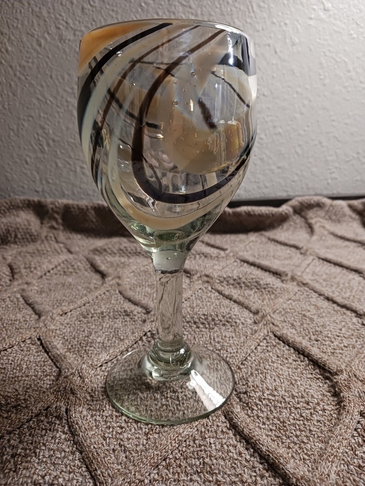 MEXICAN  Cocoa/  Vanilla Gold Swirl Wine GOBLET Hand Blown HEAVY  Stems