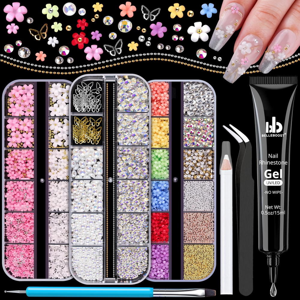 3D Nail Charms Kit with UV Curing Rhinestone Glue Gel & Butterfly Decorations