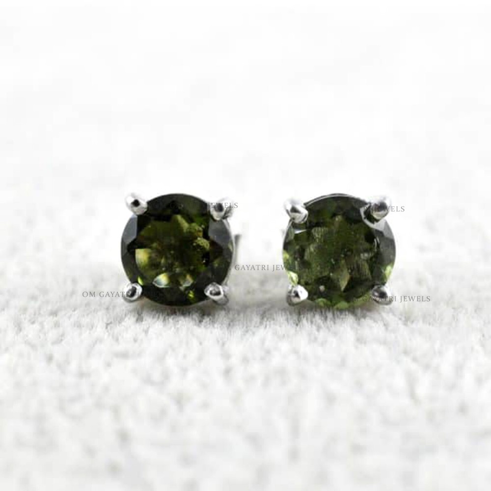 Natural Czech Moldavite Stud Earrings 925 Streling Silver Handmade Jewelry - 7MM