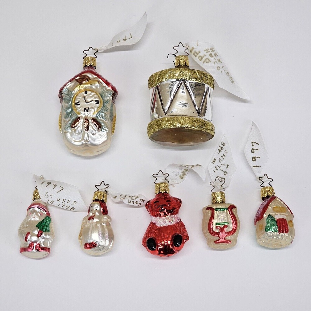 Vintage INGE-GLAS W. Germany  Christmas Ornament Set of 7 Cuckoo Clock Bear Harp