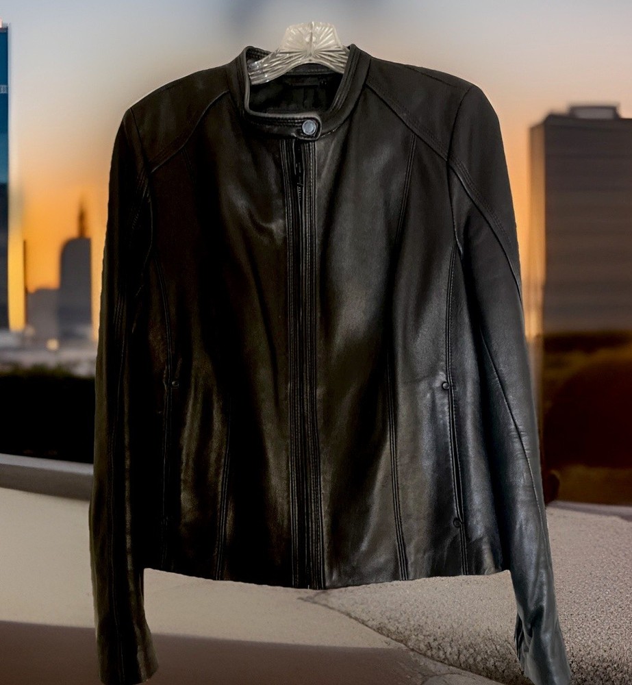 Genuine Leather Jacket Woman's Large Calvin Klein Black Zip-Up 2 Side pockets