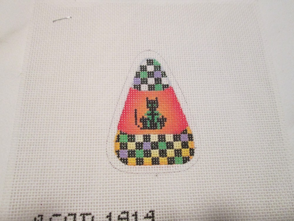 BLACK CAT CANDY CORN-ACOD-HANDPAINTED NEEDLEPOINT CANVAS
