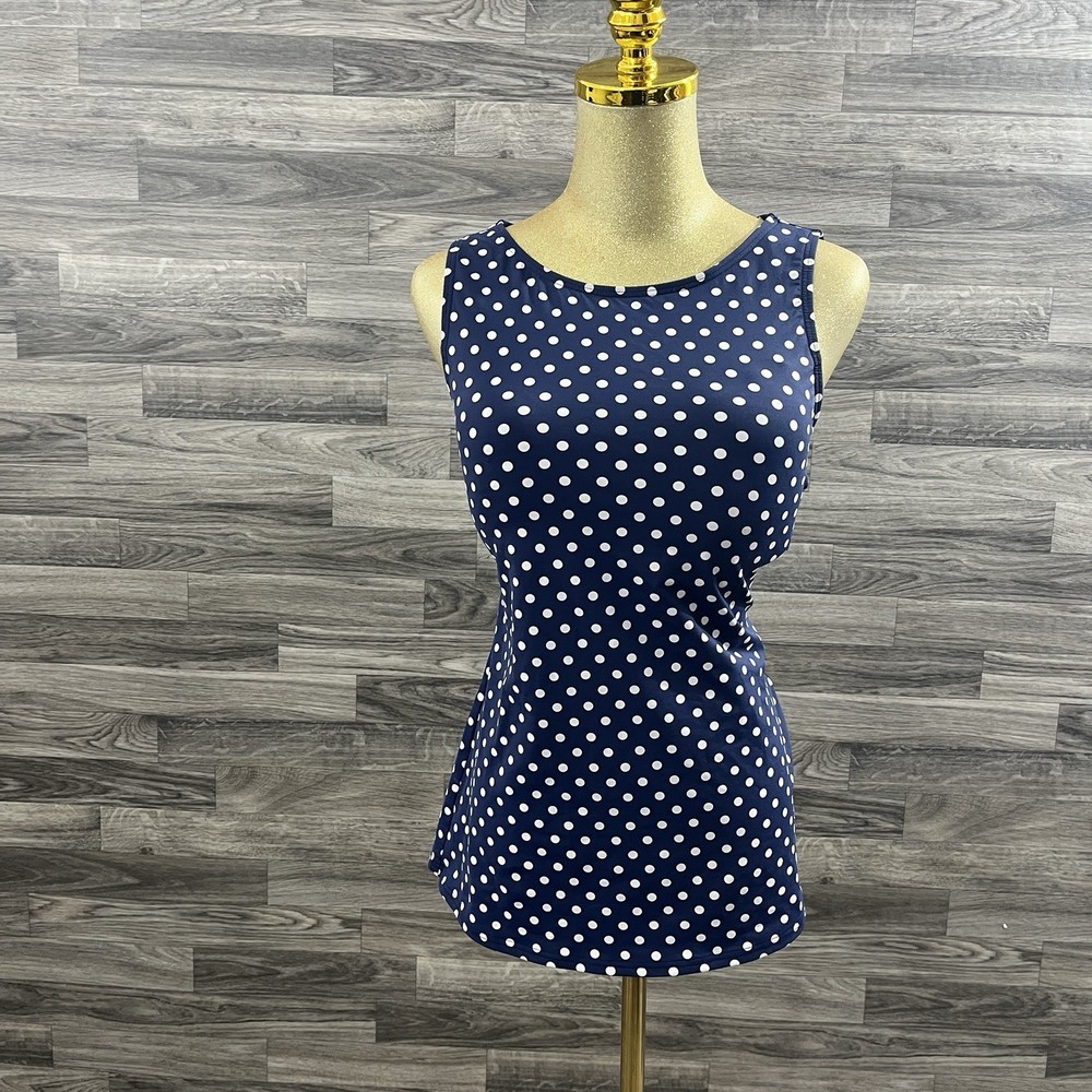 Lands End Long Blouson Scoop Tankini Dot Navy Blue White 478311 Swim Top Size 10