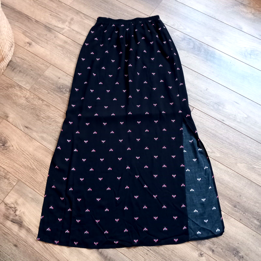 Hush Womens Long Maxi Skirt UK 6 Black Side Splits Fly Insect Polyester
