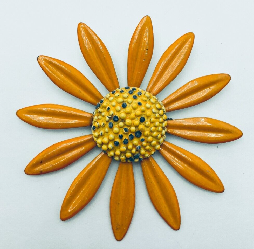 Vintage Mid-Century Enamel Flower Brooch Orange Yellow Daisy Pin