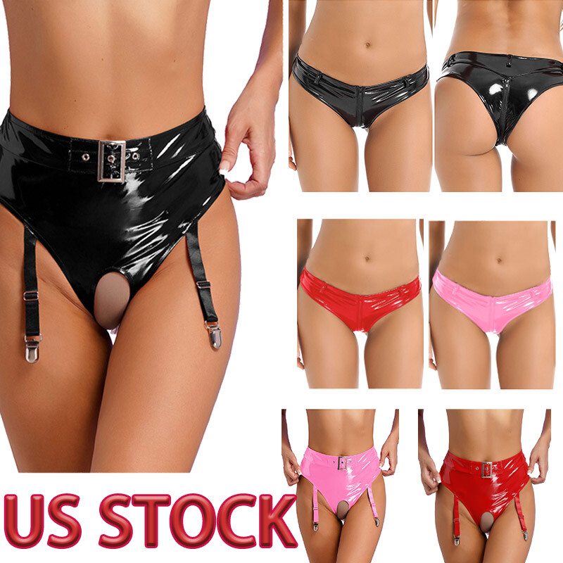 US Women High Waist Patent Leather Shorts Crotchless Briefs Panties Garter Clips