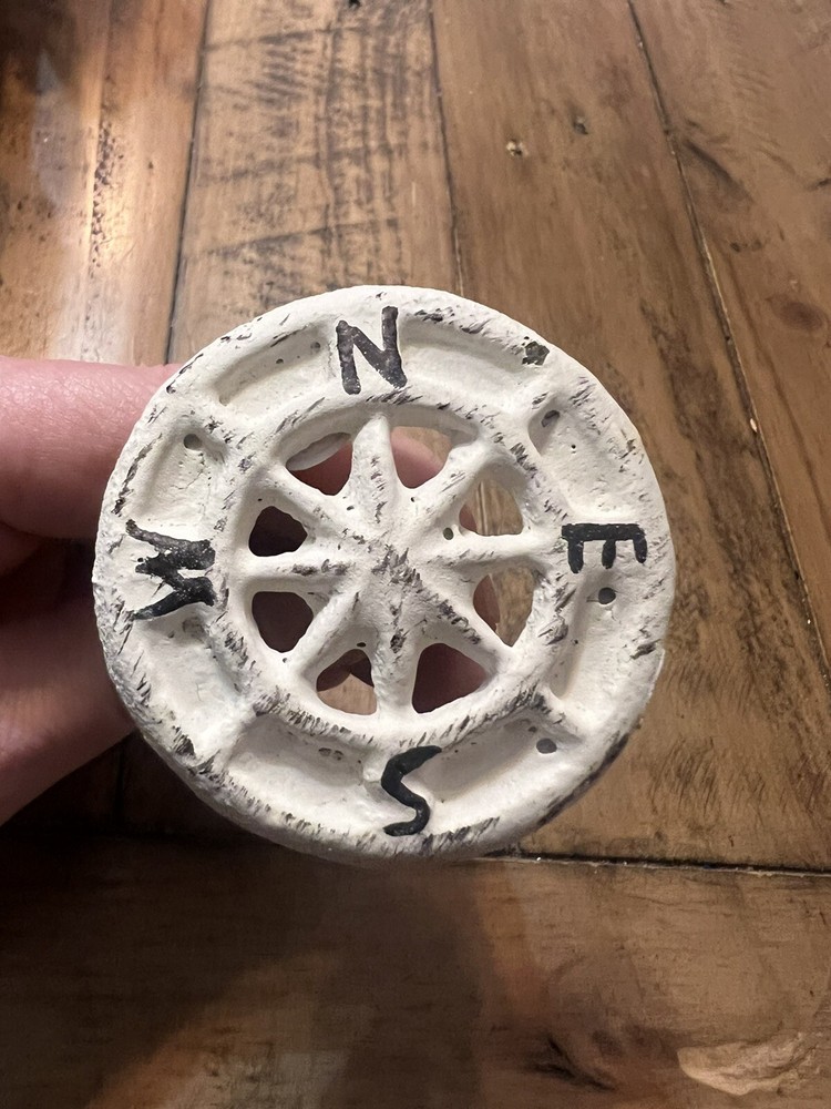 Antique White Cast Iron Nautical Compass Rose Drawer Pull 1pc Weathered Finish