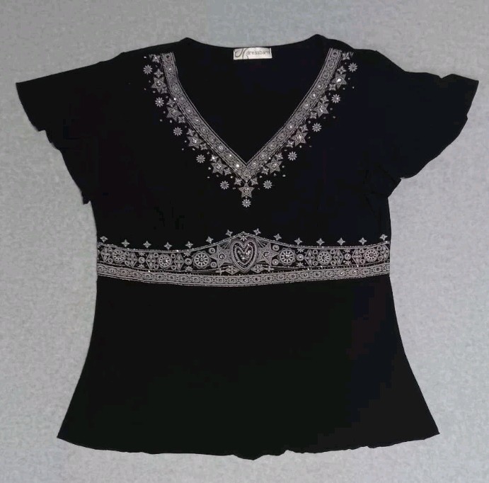 Dressbarn Flutter Sleeve Blouse Womens Size Large Black Sparkly Rhinestone Vneck