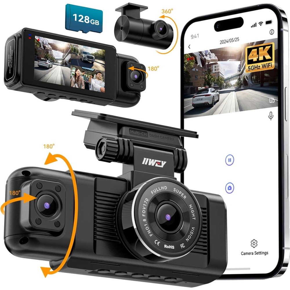 3 Channel Dash Cam 3K+1080P+1080P with 128GB Card - 24/7 Recording & WiFi