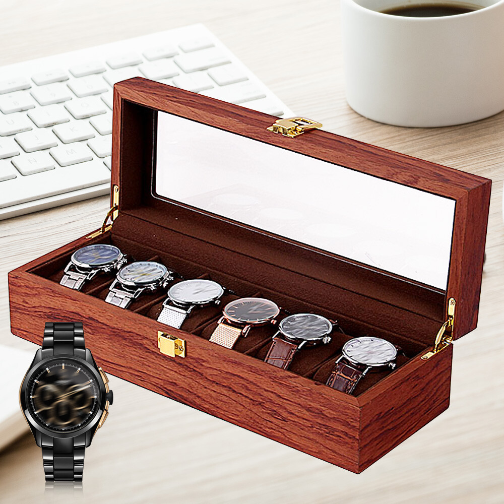 6 Slots 6 Watch Wooden Watch Display Box Jewelry Organizer Case Rosewood Grain