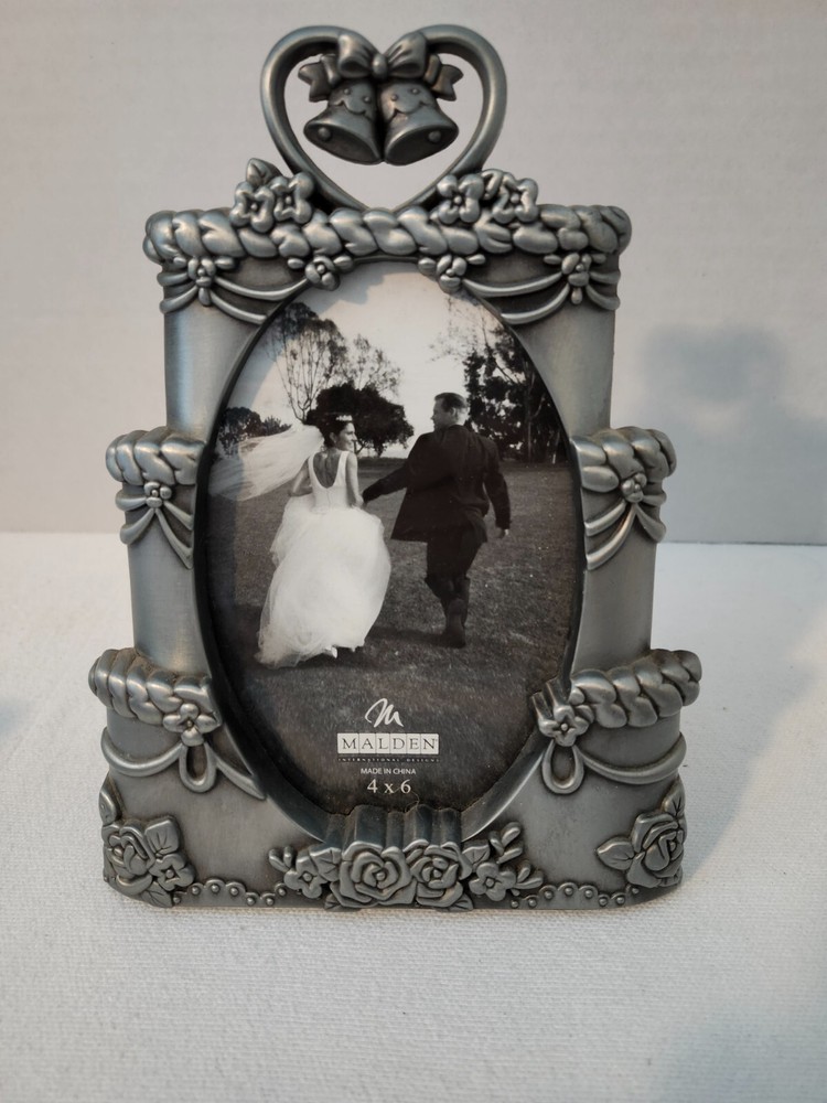 beautiful 4x6 silver wedding frame w/ roses, bells on a wedding cake by Malden