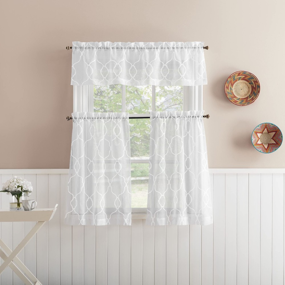 Allerton Embroidered Trellis Semi-Sheer Rod Pocket Kitchen Curtain Valance an...