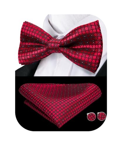 Bow Ties for Men Pre-Tied Pocket Square with Cufflinks Red Black Silver Plaid