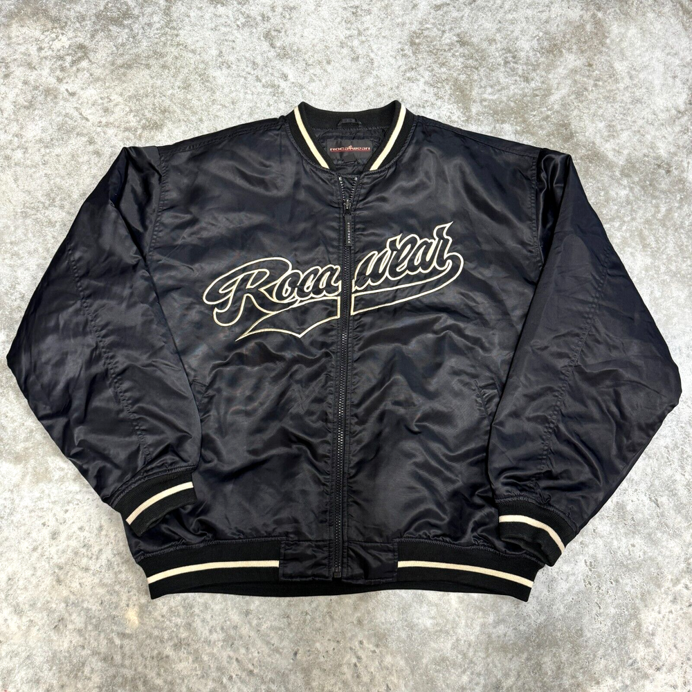 Rocawear mens 2XL y2k Satin bomber jacket black quilt lined vintage baggy 90s