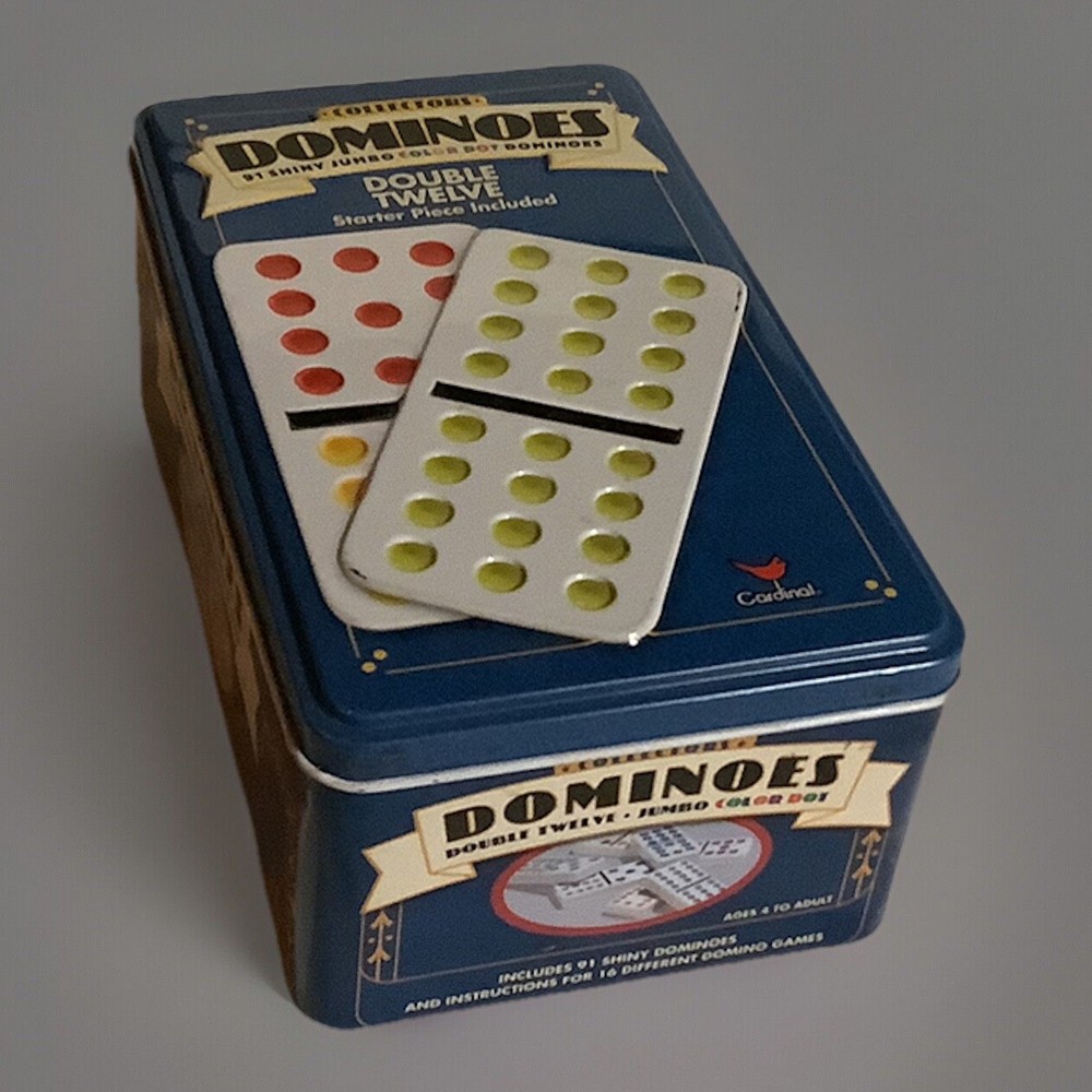 CARDINAL Double Twelve JUMBO Color Dot Dominoes 91 Pieces Tin-image
