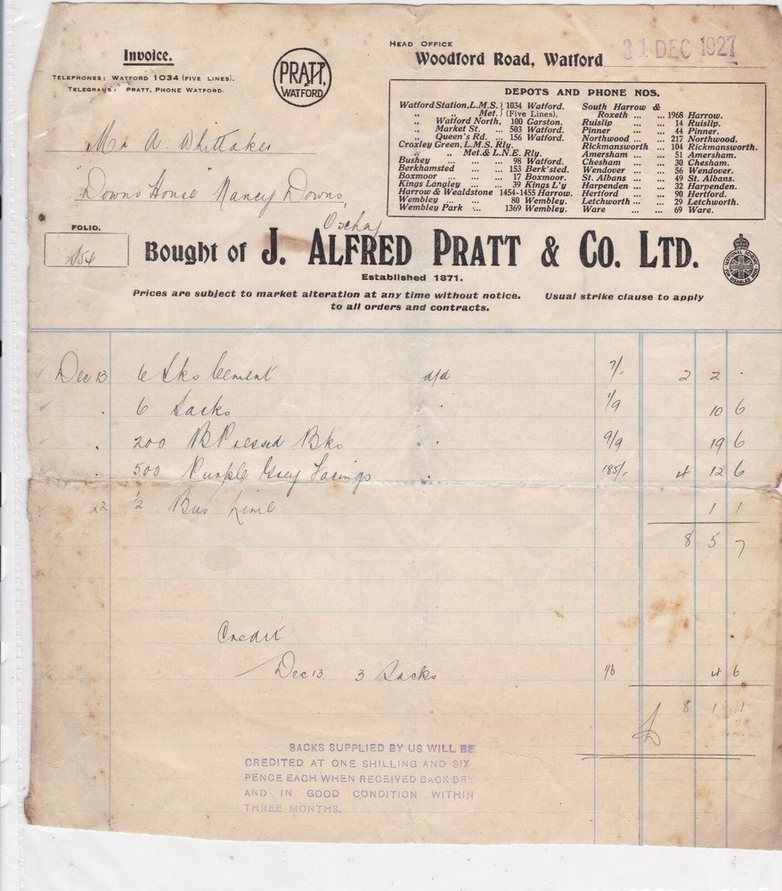 J. Alfred Pratt & Co. Ltd Watford 1927 Itemised Invoice Receipt Ref 34323