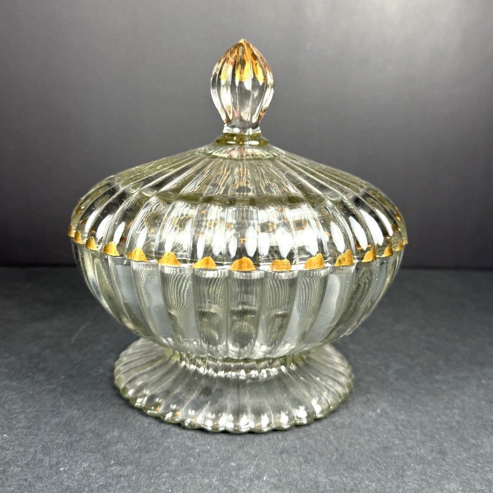 Vintage Jeannette Glass Footed Candy Dish with Gold Accent Lid MCM Mid Century