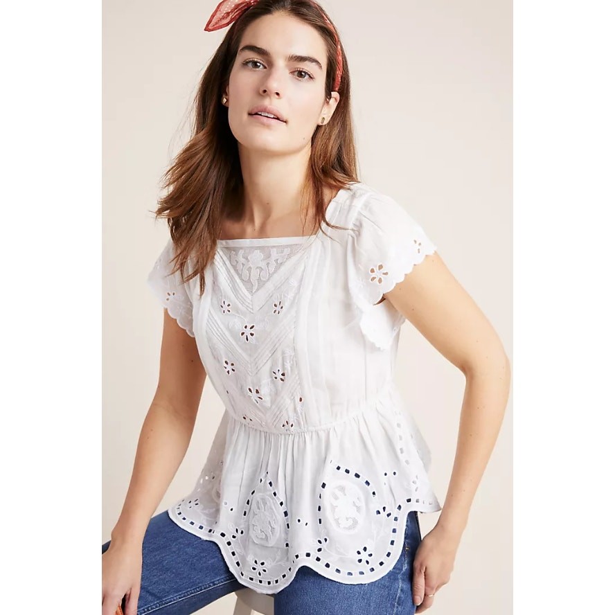 Maeve by Anthropologie White Janice Embroidered Eyelet Blouse Women's size 2