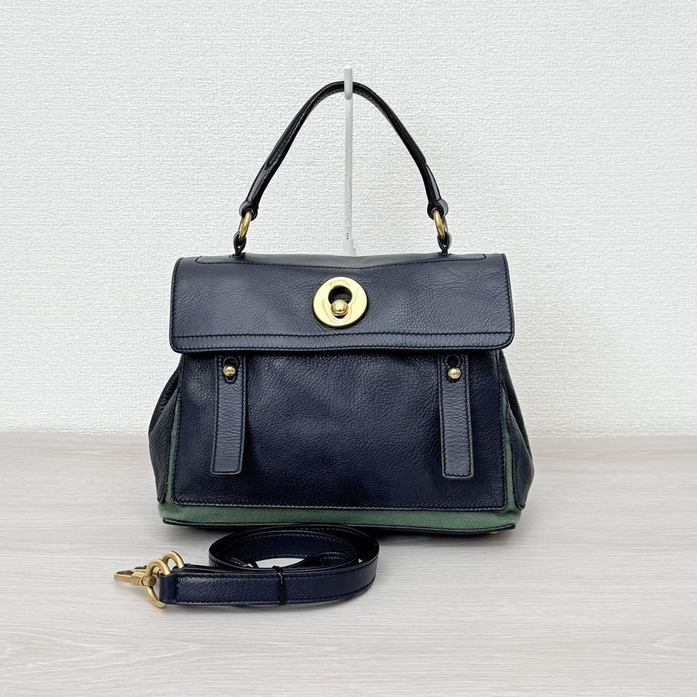 Yves Saint Laurent Authentic Muse 2Way Navy Green Leather Canvas Shoulder Bag