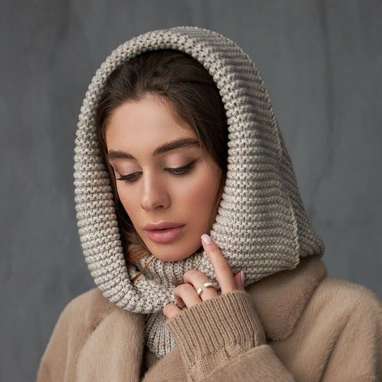 Beige Hooded Scarf Knit Hoodie Scarves Womens Snood Hooded Cowl Wool Head Scarf