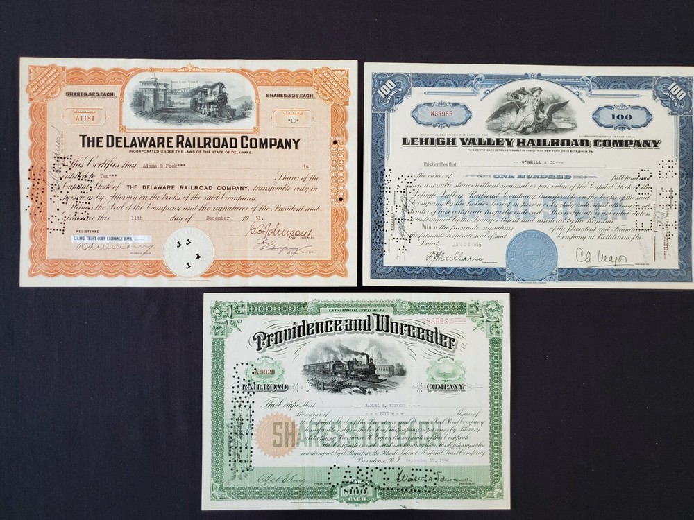 Rare Vintage Railroad Stock Certificates Lot: Lehigh Valley, Providence, Delaware