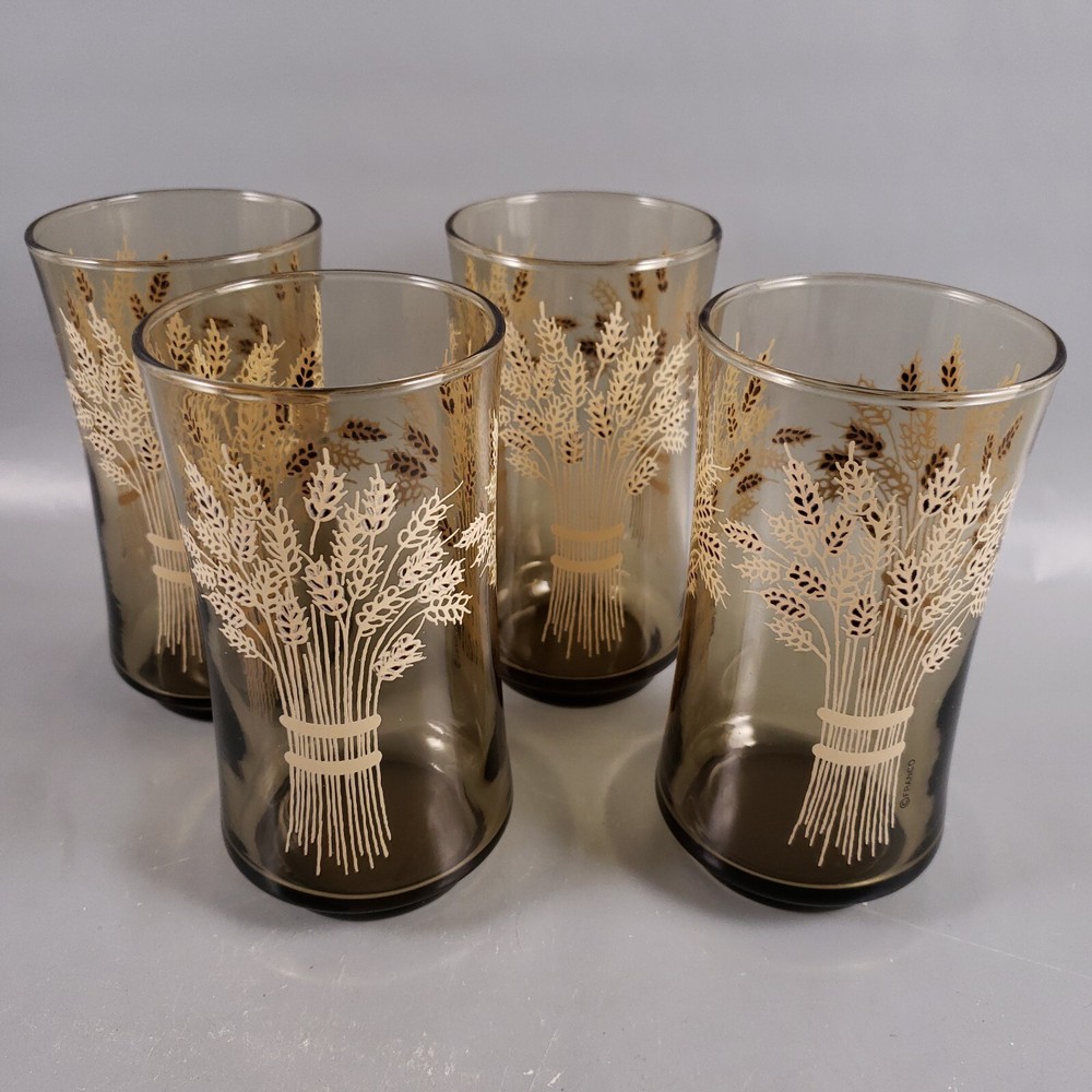 Vintage LIBBEY Franco WHEAT WATER GLASS Tumbler Smokey Amber Brown SET