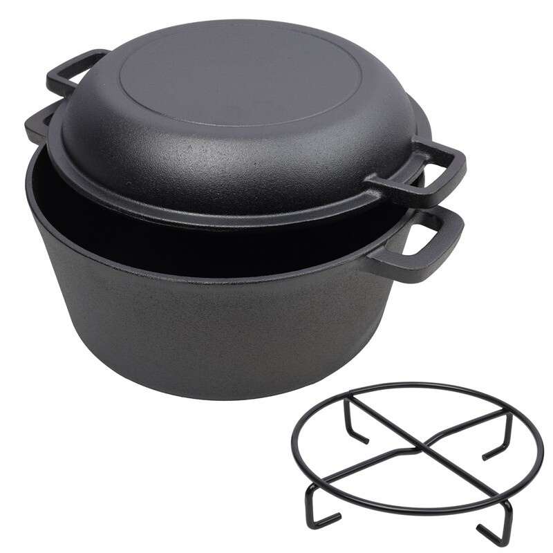 2-in-1 Pre-Seasoned 5 qt Cast Iron Dutch Oven with Handles for Camping