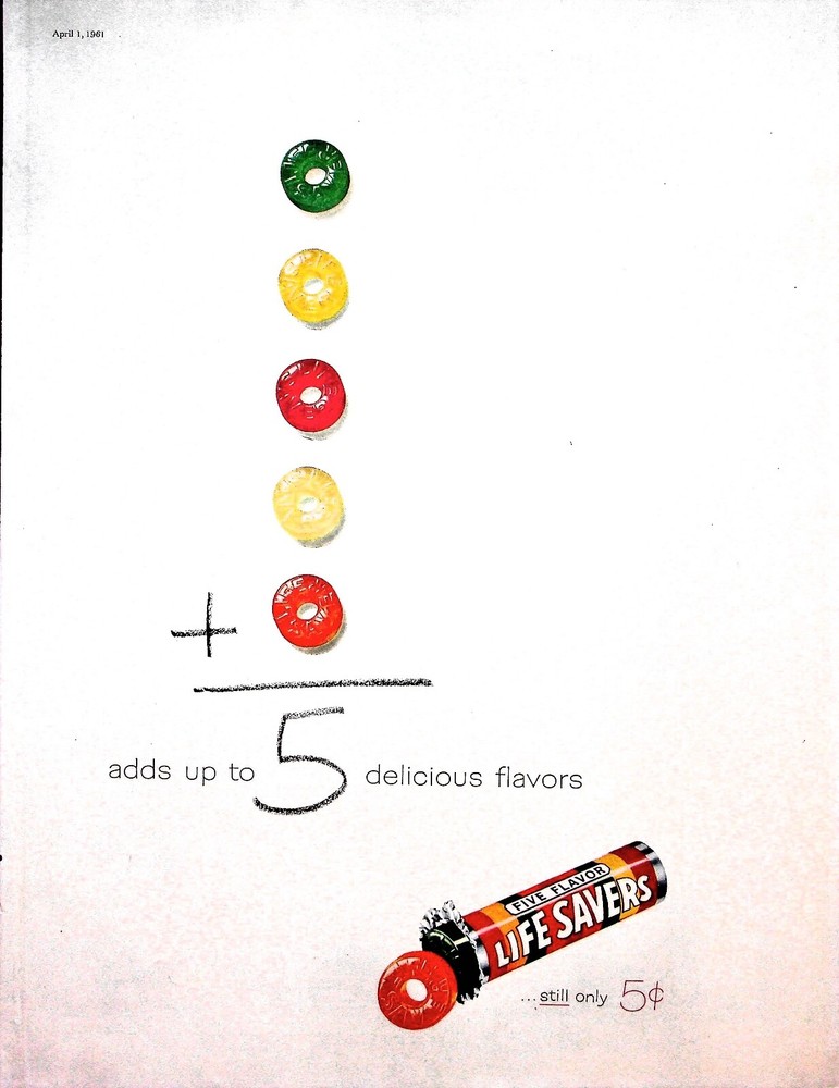 Original Vintage Life Savers Ad: Adds up to 5 Delicious Flavors