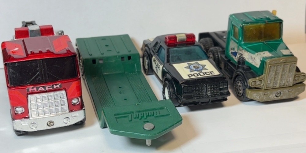Vintage Buddy L Lot of 4 Toy Trucks Including Semi Tow Truck Police Car Flat Bed