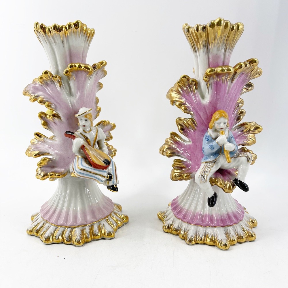 Antique European Porcelain Candlesticks Musician Figurines Gold Gilt Rare Pair