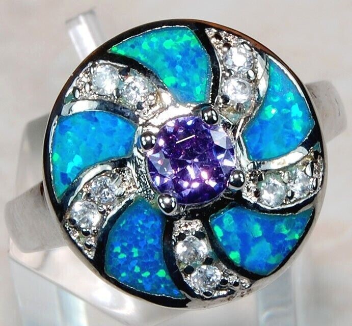 1CT Amethyst & Australian Opal Inlay 925 Sterling Silver Ring Sz 8 AB7