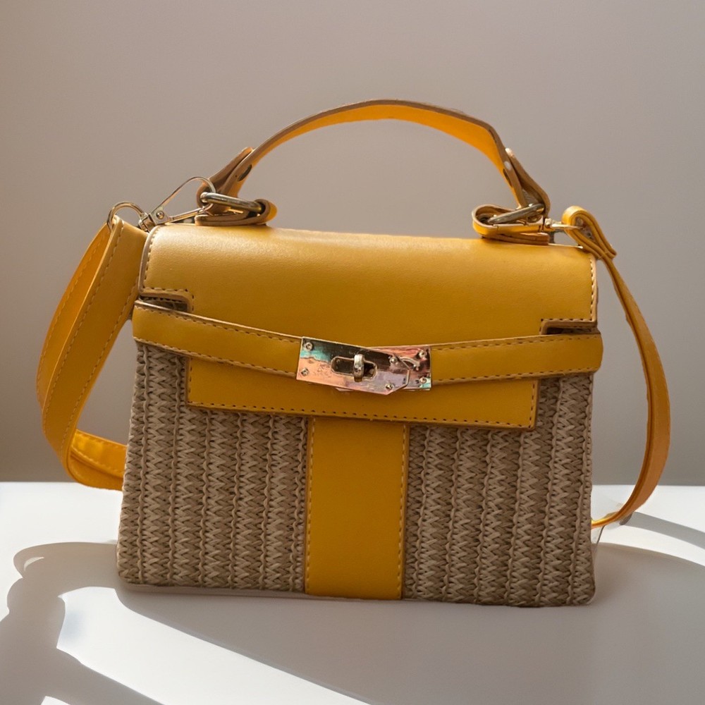 Woven Rattan Yellow Women's Vacation Box, Crossbody Stylish Coastal Trendy Bag