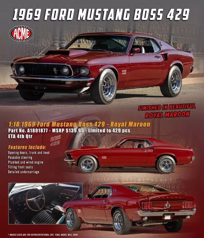 1969 Ford Mustang Boss 429 - Maroon Diecast 1:18 Scale Model - ACME A1801877